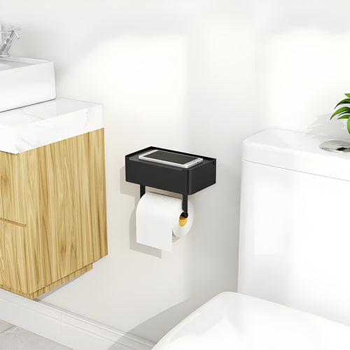 BARI Toiletrolhouder Zwart met Plankje en Bakje